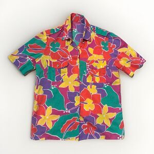 Vintage Handmade Floral Hawaiian Camp Shirt Bright Tropical Button Front Unisex